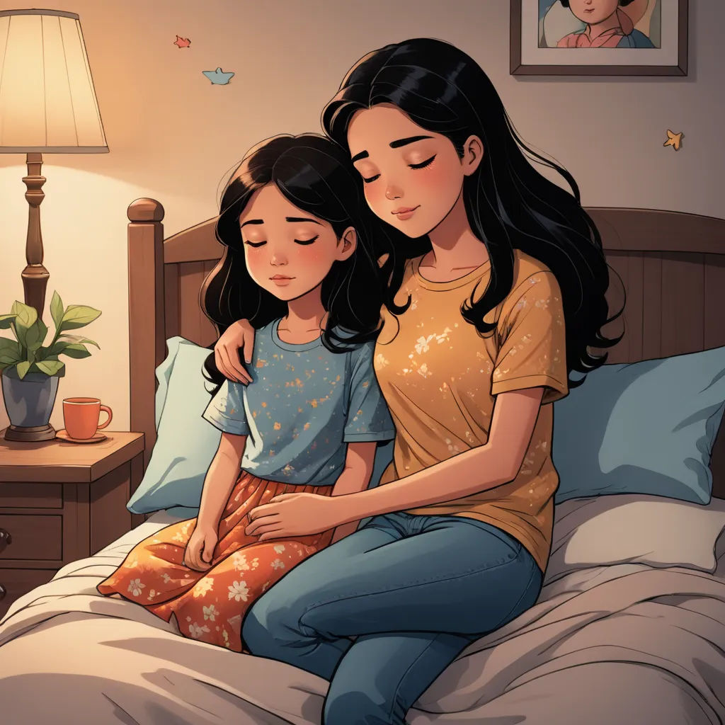 a mother and daughter sitting on a bed together, one of them is holding her child's hand, lyco art, a comic book panel, Artgerm, comic cover art