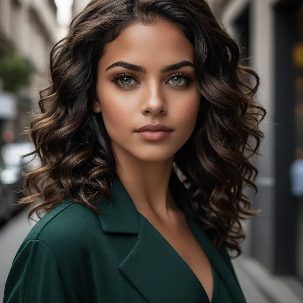 a woman with long hair and a green shirt on a street corner with a building in the background and a car parked on the side of the road, samikshavad, a portrait, Alexis Simon Belle, beautiful face