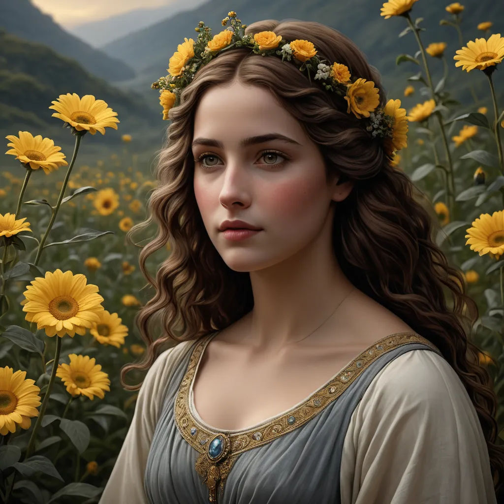 a painting of a woman with a wreath of flowers in her hair and a mountain in the background with sunflowers, fantasy art, a photorealistic painting, Brad Kunkle, highly detailed digital painting