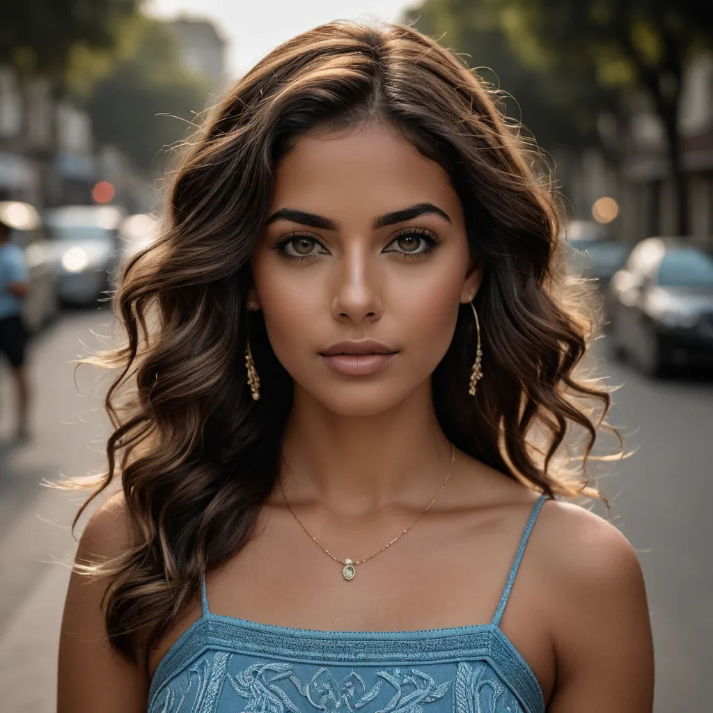 a woman with long hair and a blue dress on a street corner with cars parked on the side of the road, samikshavad, a portrait, Emerson Silva, beautiful face