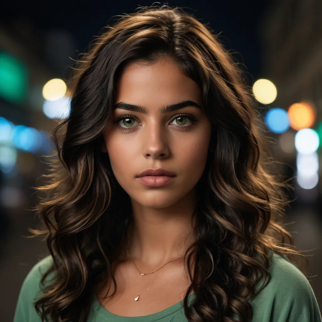 a woman with long hair and green shirt on a street at night with lights in the background and a blurry background, art nouveau, a portrait, Constance Gordon-Cumming, green eyes