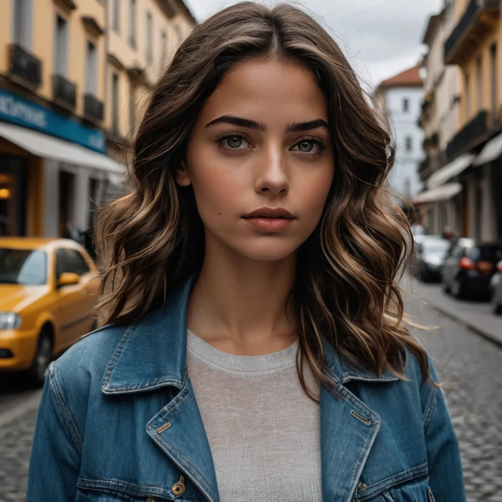 a woman standing on a street with a blue jacket on and a yellow taxi behind her in a city, art nouveau, a portrait, Eszter Mattioni, perfect face