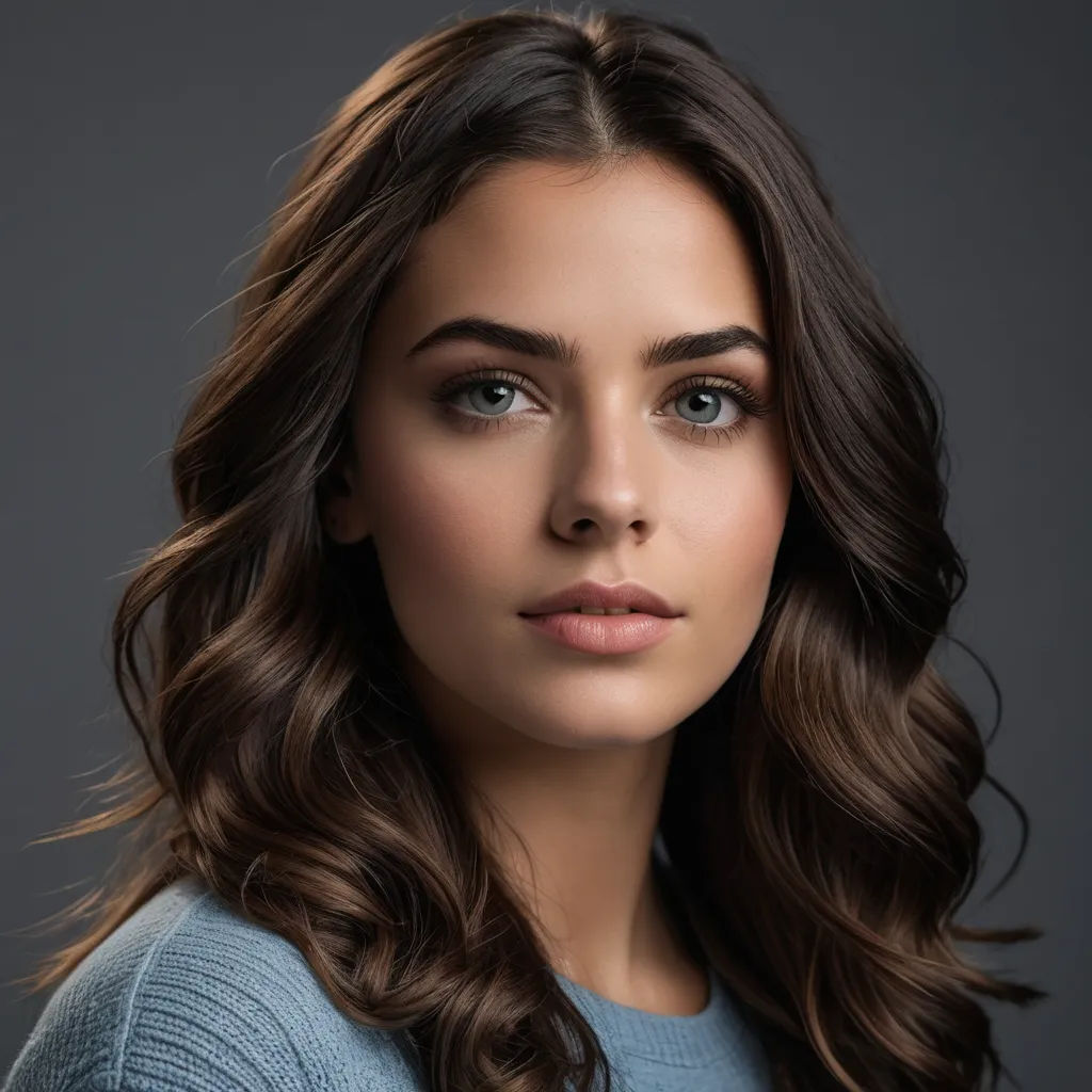 a woman with long hair and blue sweater posing for a picture with her eyes closed and a serious look on her face, renaissance, a portrait, Barbara Greg, profile picture