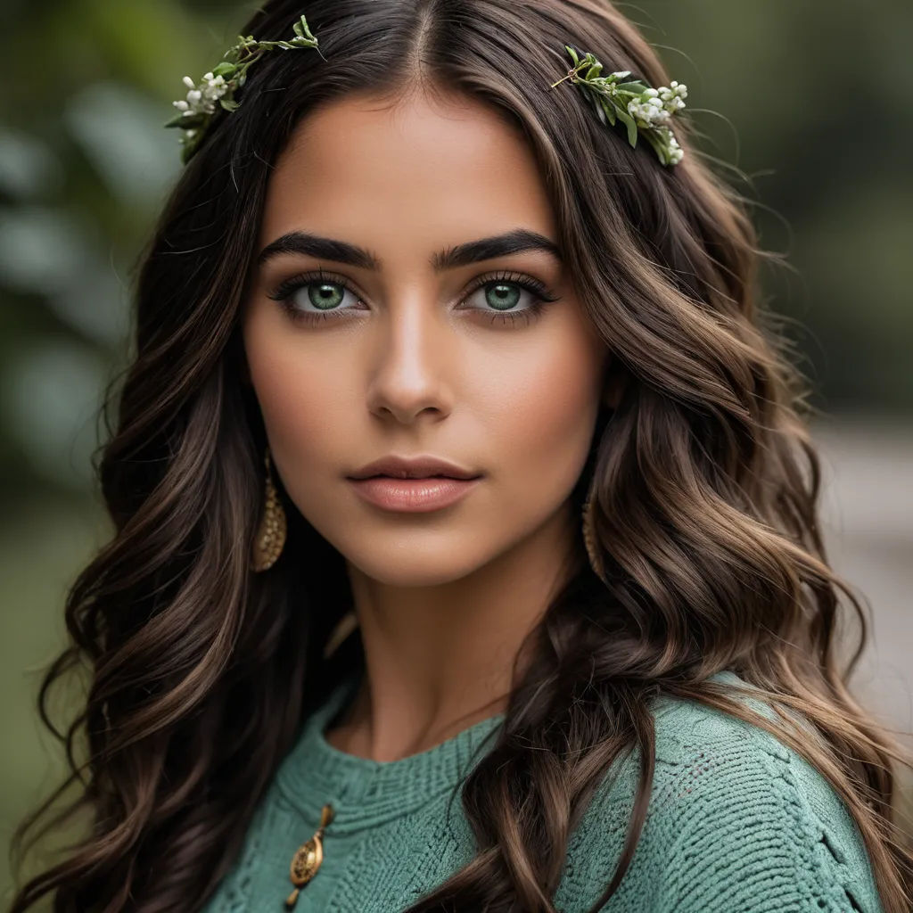 a woman with long hair wearing a green sweater and a flower crown on her head, looking at the camera, art photography, a portrait, Dave Melvin, green eyes