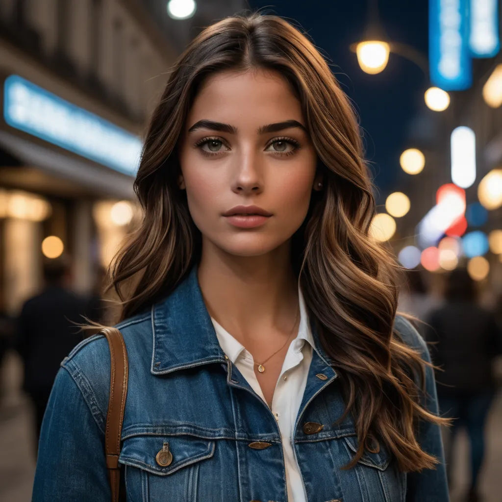 a woman with long hair and a denim jacket on a city street at night with lights on the buildings, paris school, a portrait, Dave Melvin, perfect face