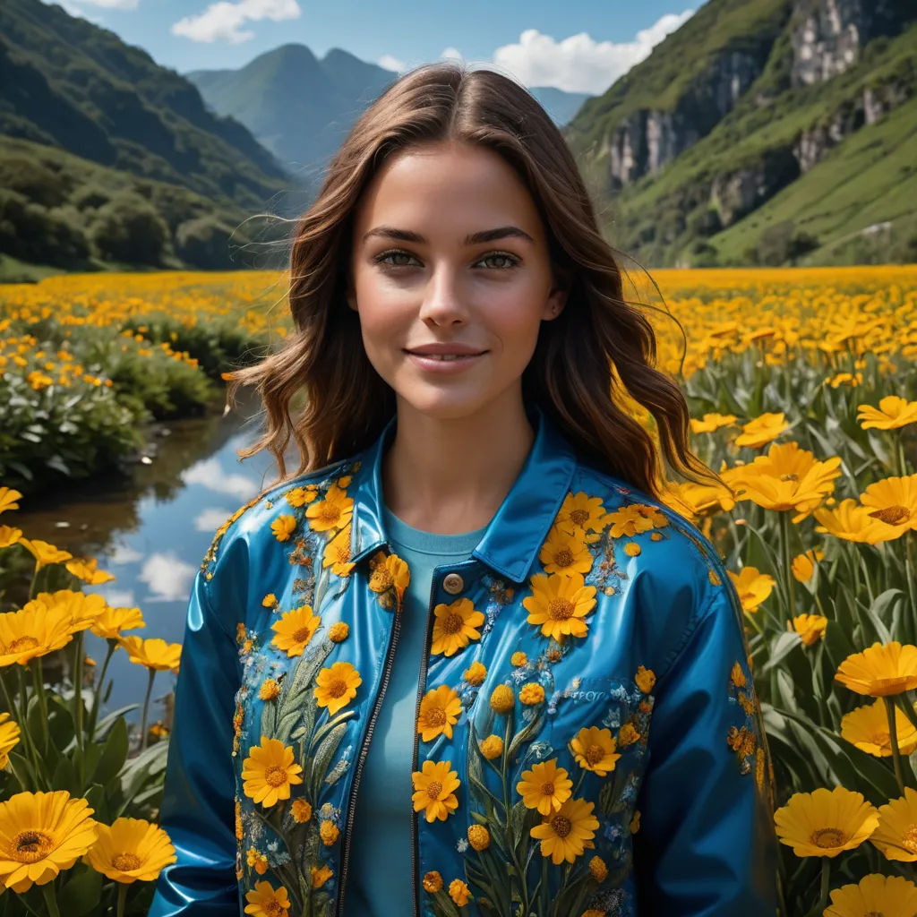 a woman standing in a field of flowers with mountains in the background and a river running through the middle, color field, computer graphics, Anna Maria Barbara Abesch, promotional image