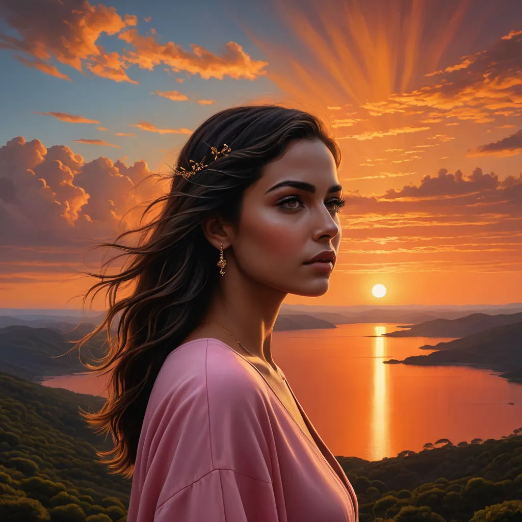 a painting of a woman with a sunset in the background and a lake in the foreground with a sun setting, fantasy art, a photorealistic painting, Christophe Vacher, highly detailed digital painting