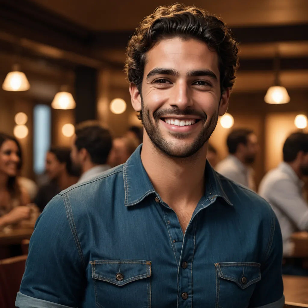 a man smiling in a restaurant with a lot of people in the background and a man in a blue shirt, mannerism, a stock photo, Anthony Angarola, defined facial features
