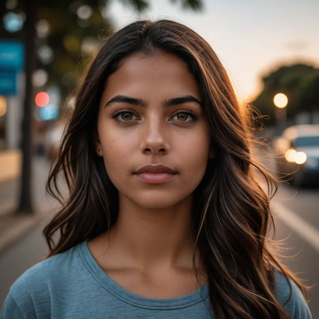 a woman with long hair standing on a street corner with a car in the background and a street light in the background, samikshavad, a character portrait, Barbara Greg, perfect face