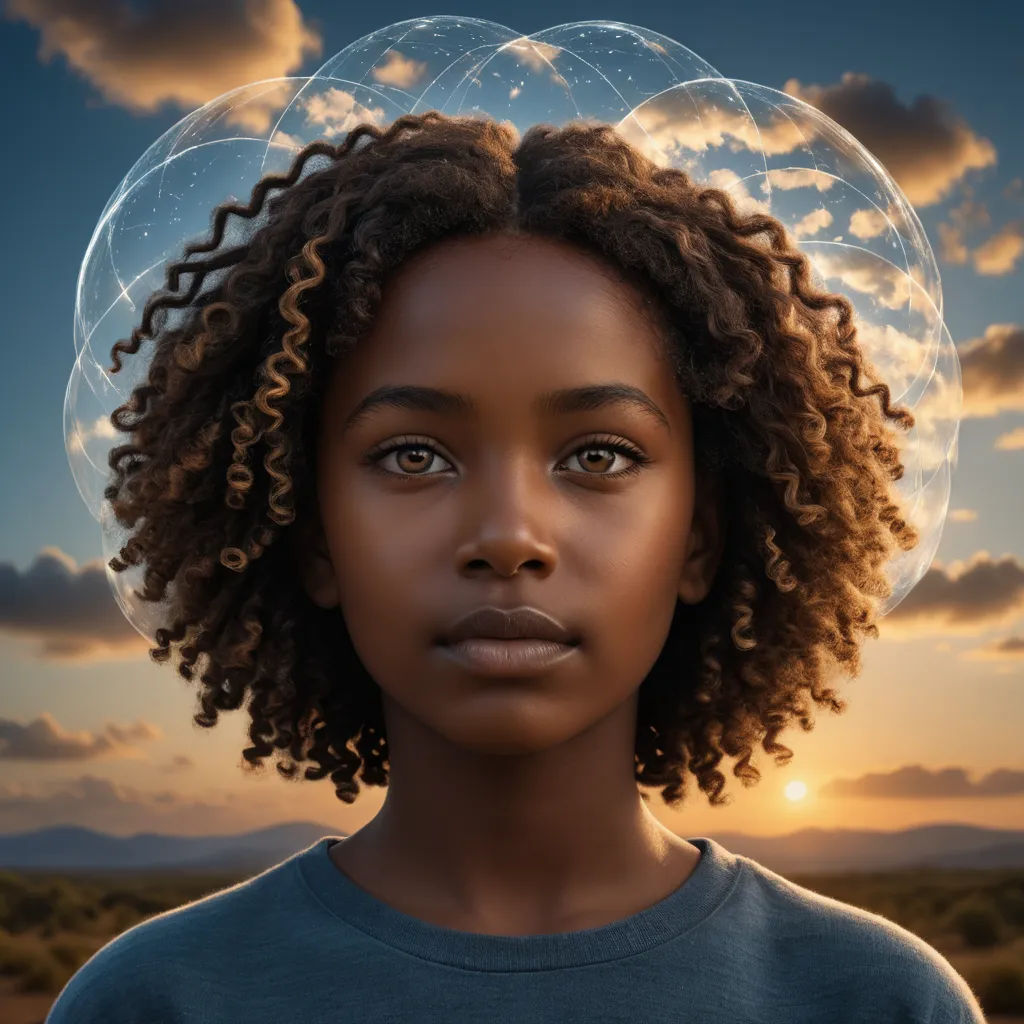 a young girl with a large bubble on her head and a sky background with clouds and a sun in the sky, afrofuturism, a poster, Felix-Kelly, key art