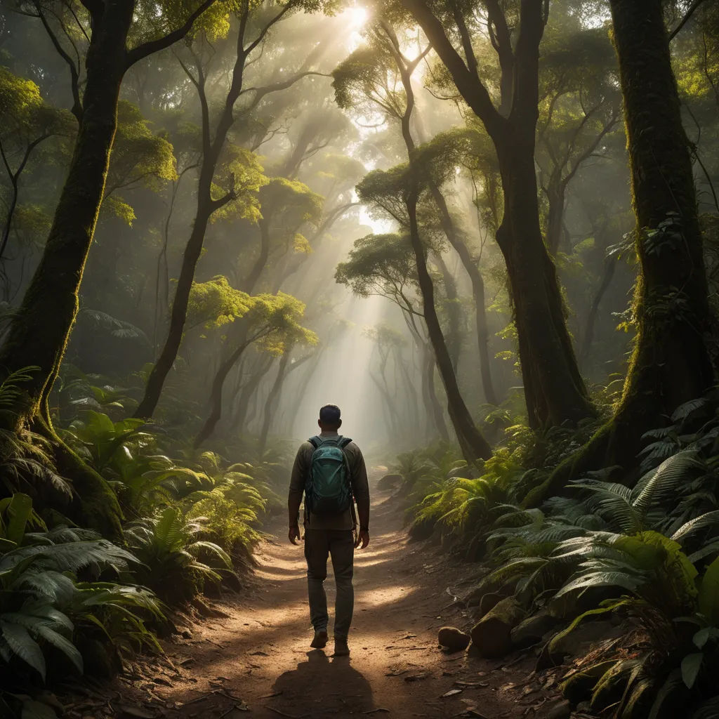 a man walking down a dirt road in a forest with sunbeams on the trees and ferns on the ground, naturalism, a stock photo, Daniel Lieske, award-winning photograph