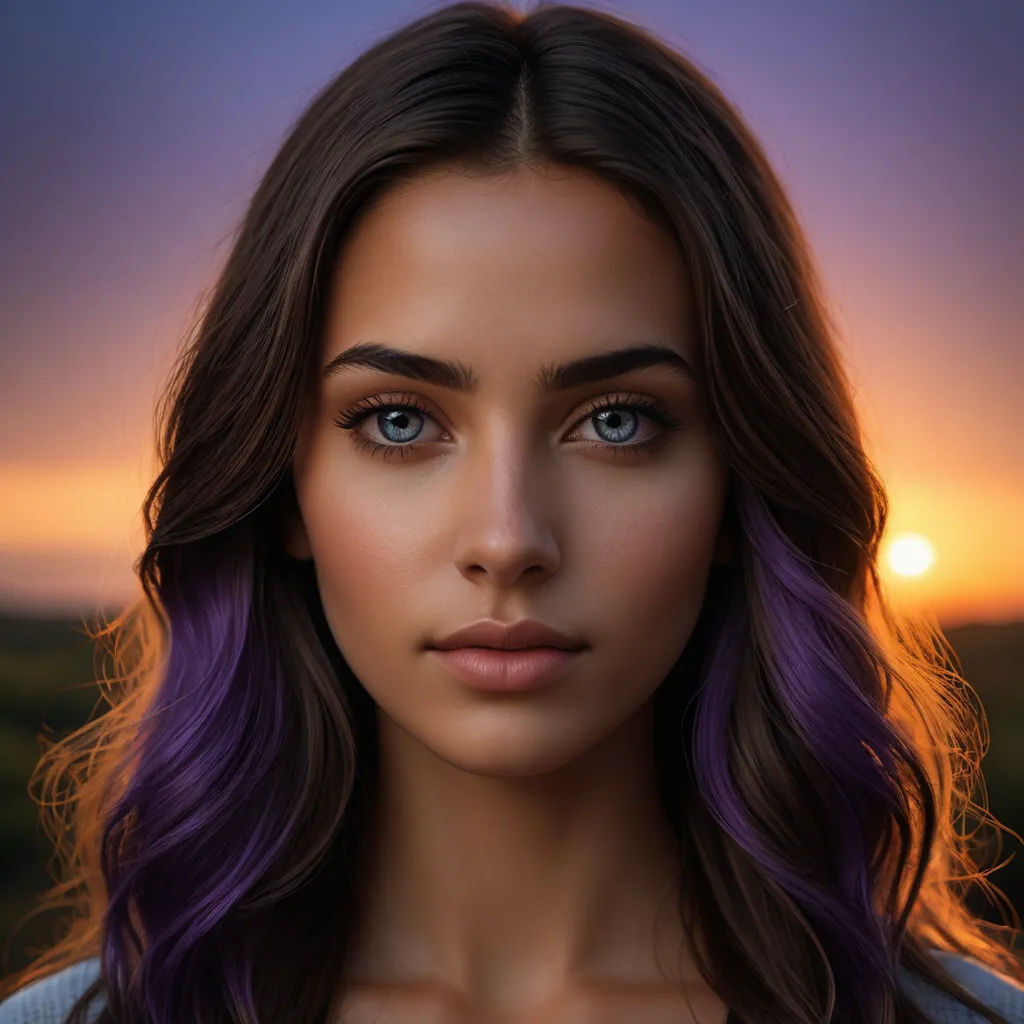 a woman with purple hair and blue eyes is looking at the camera with a sunset in the background and a field behind her, computer art, a photorealistic painting, Constance Gordon-Cumming, affinity photo