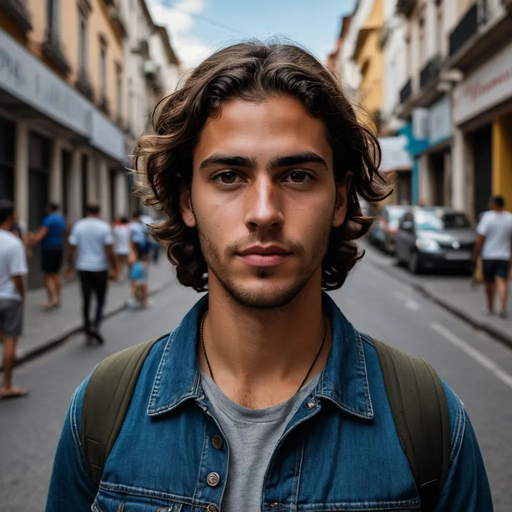 a man with a backpack on a street with people walking around him and a car parked on the side of the road, mannerism, a character portrait, Alonso Vázquez, portrait photography
