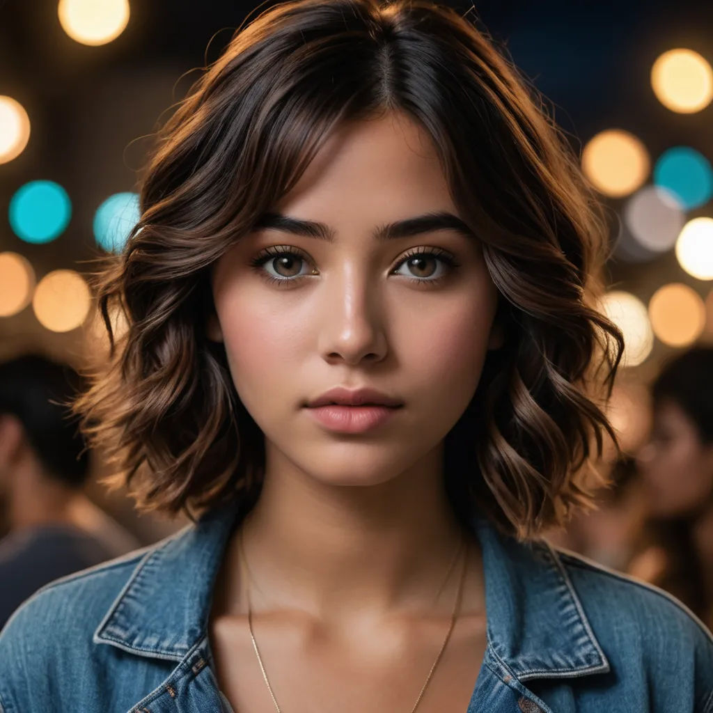 a woman with a denim shirt and necklace on posing for a picture in a crowded area with lights in the background, photorealism, a portrait, Elina Karimova, beautiful face