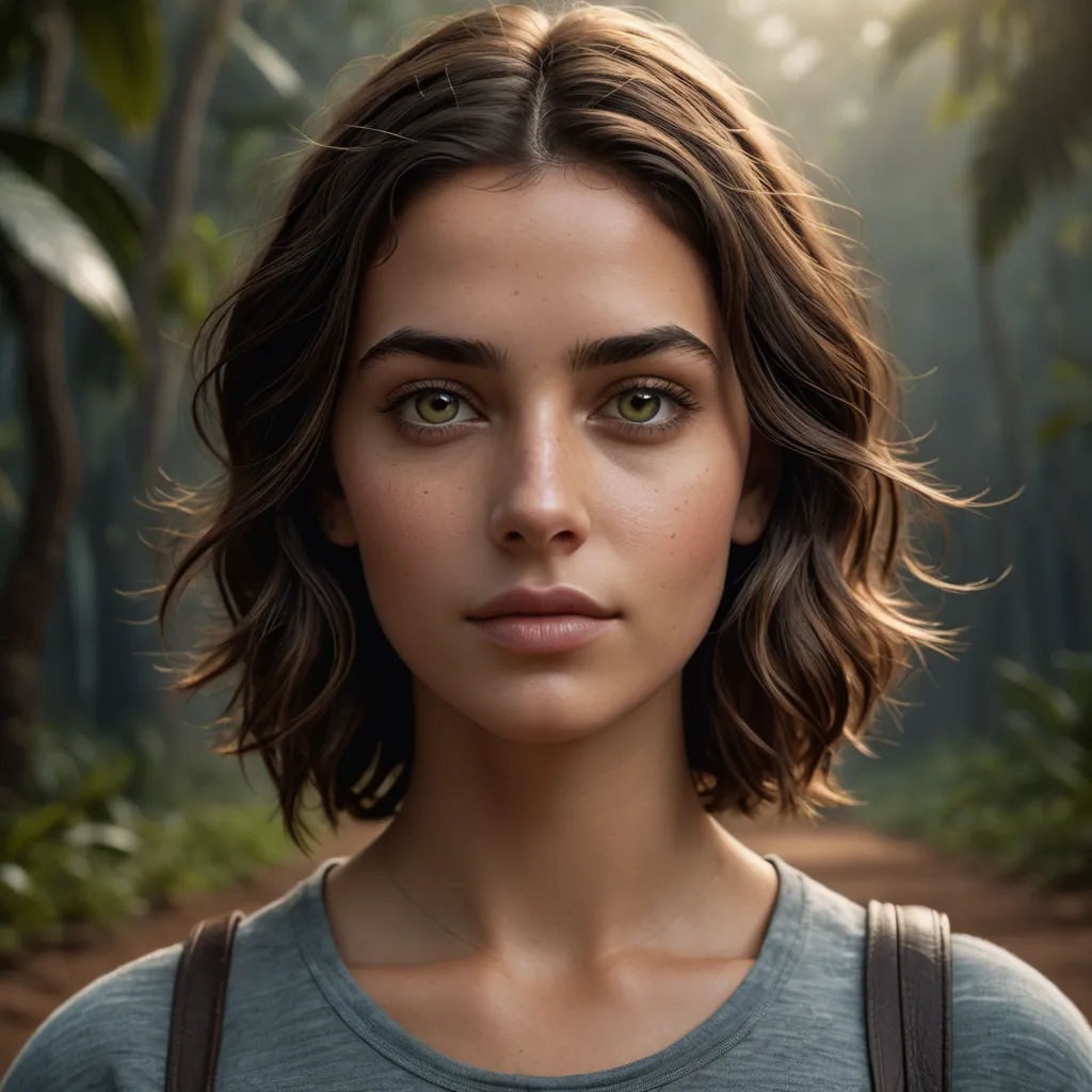 a woman with shoulder length hair and a grey shirt is standing in a forest with a forest background and sunlight streaming through the trees, photorealism, a photorealistic painting, Ella Guru, ultra realistic digital art