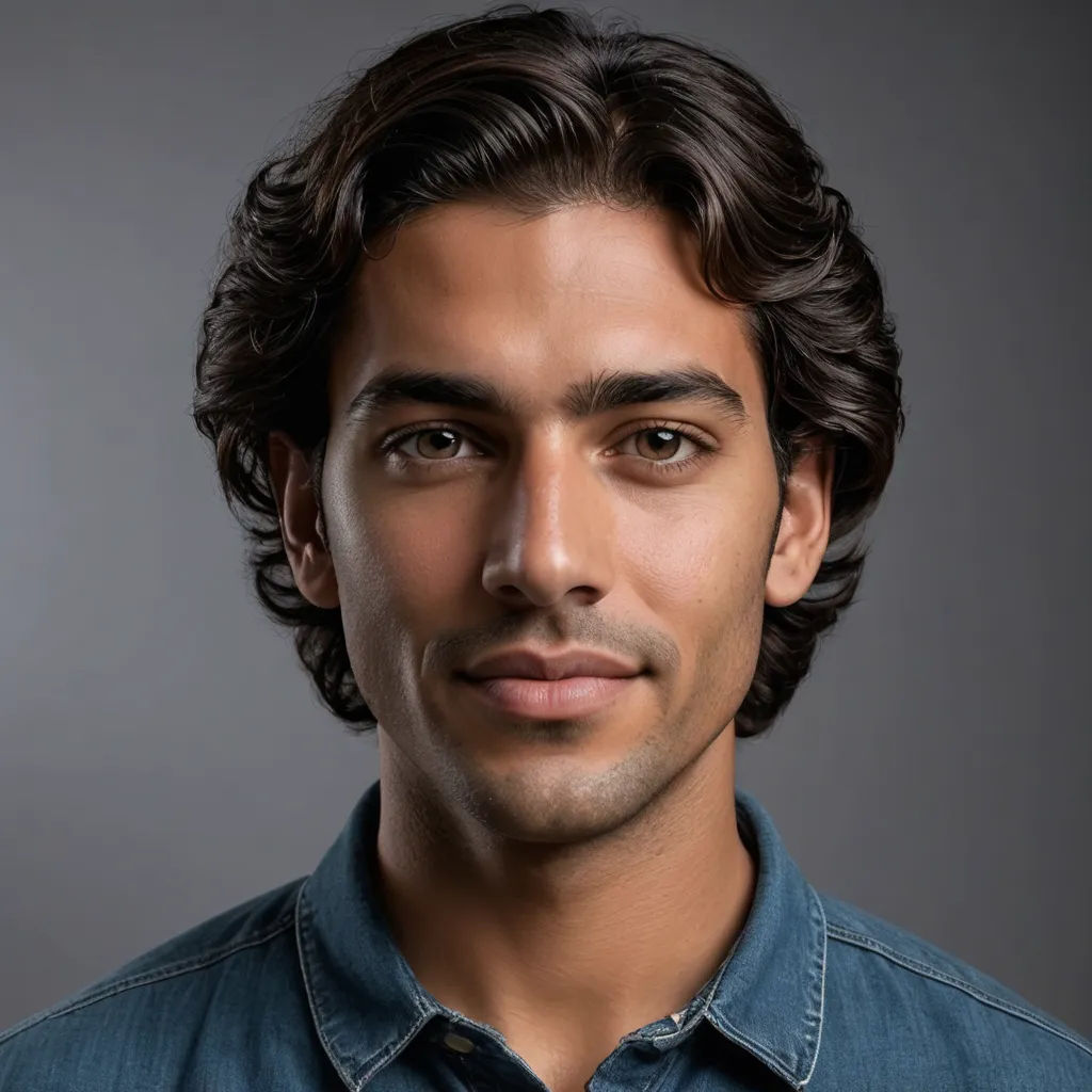 a man with a beard and a blue shirt is smiling at the camera with a serious look on his face, photorealism, a character portrait, Ahmed Karahisari, realistic shaded perfect face