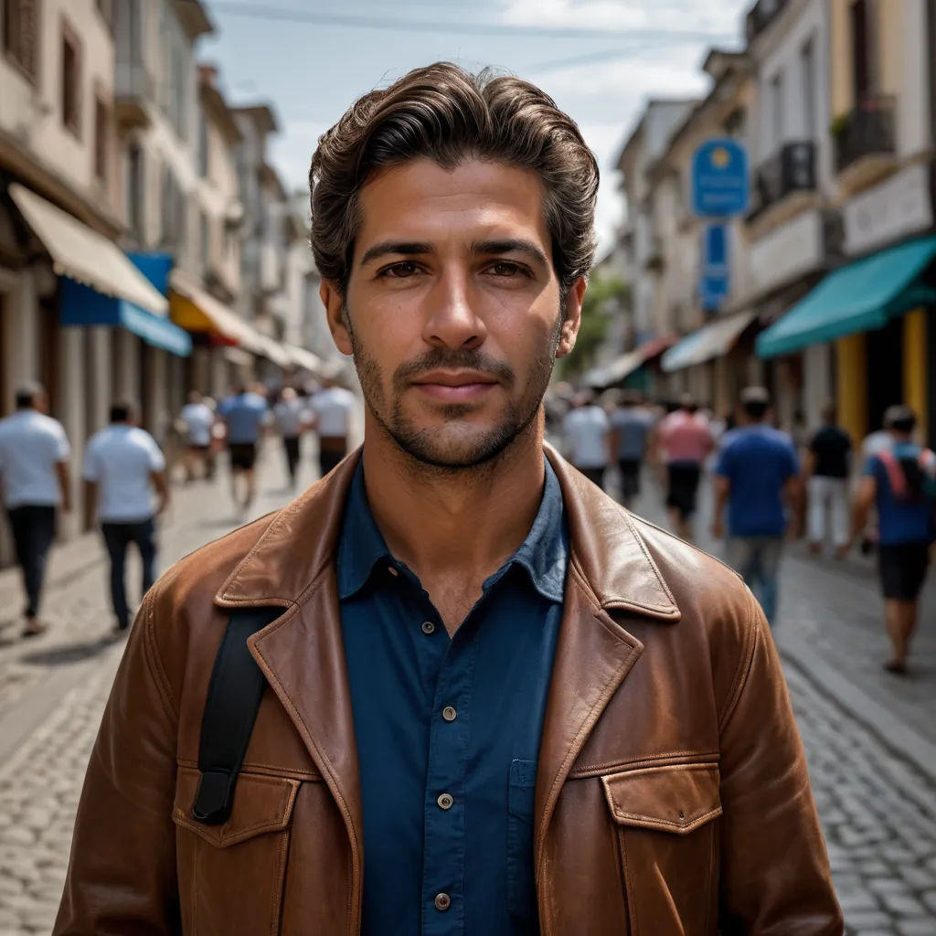 a man in a brown jacket is standing in a street with people walking around him and a blue sky in the background, cobra, a character portrait, Alberto Burri, promotional image