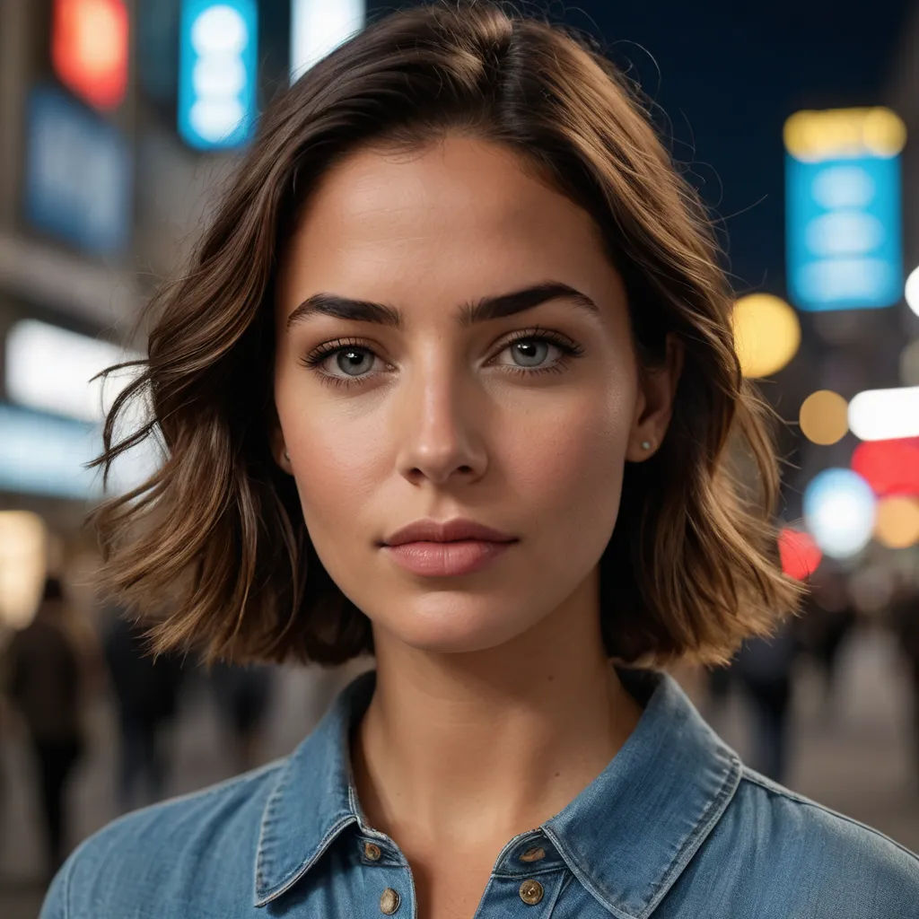 a woman with a denim shirt on is looking at the camera and is looking at the camera with a serious look on her face, photorealism, a portrait, Anna Füssli, perfect face