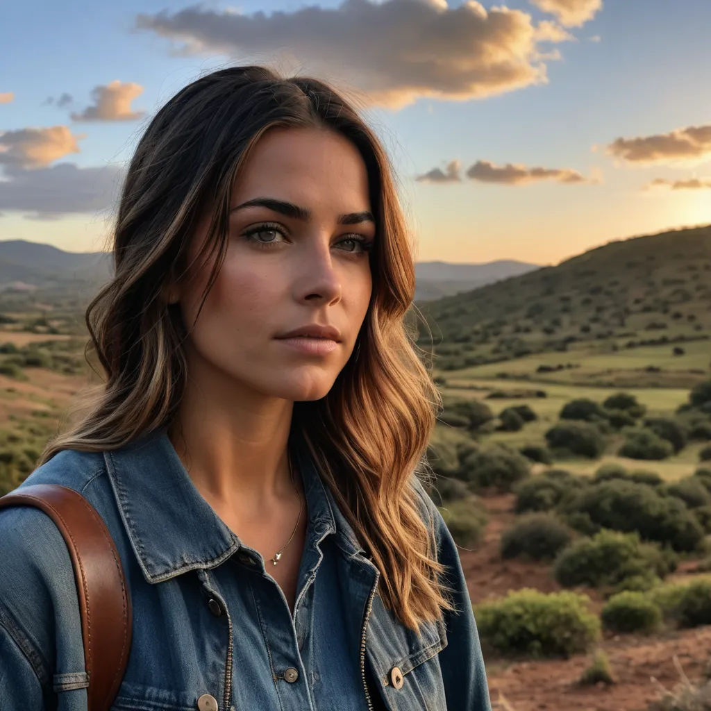 a woman with a backpack looking at the camera with a mountain in the background and clouds in the sky, naturalism, a character portrait, Eva Gonzalès, promotional image
