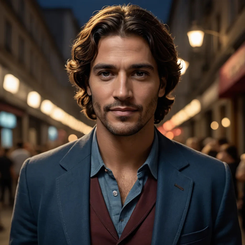 a man in a suit and a blue shirt is standing in a street at night with people in the background, mannerism, a character portrait, Cedric Seaut (Keos Masons), promotional image