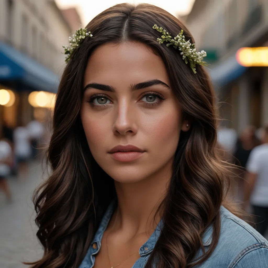 a woman with long hair wearing a flower headband on a city street at dusk with people walking by, art nouveau, a portrait, Dave Melvin, jewelry