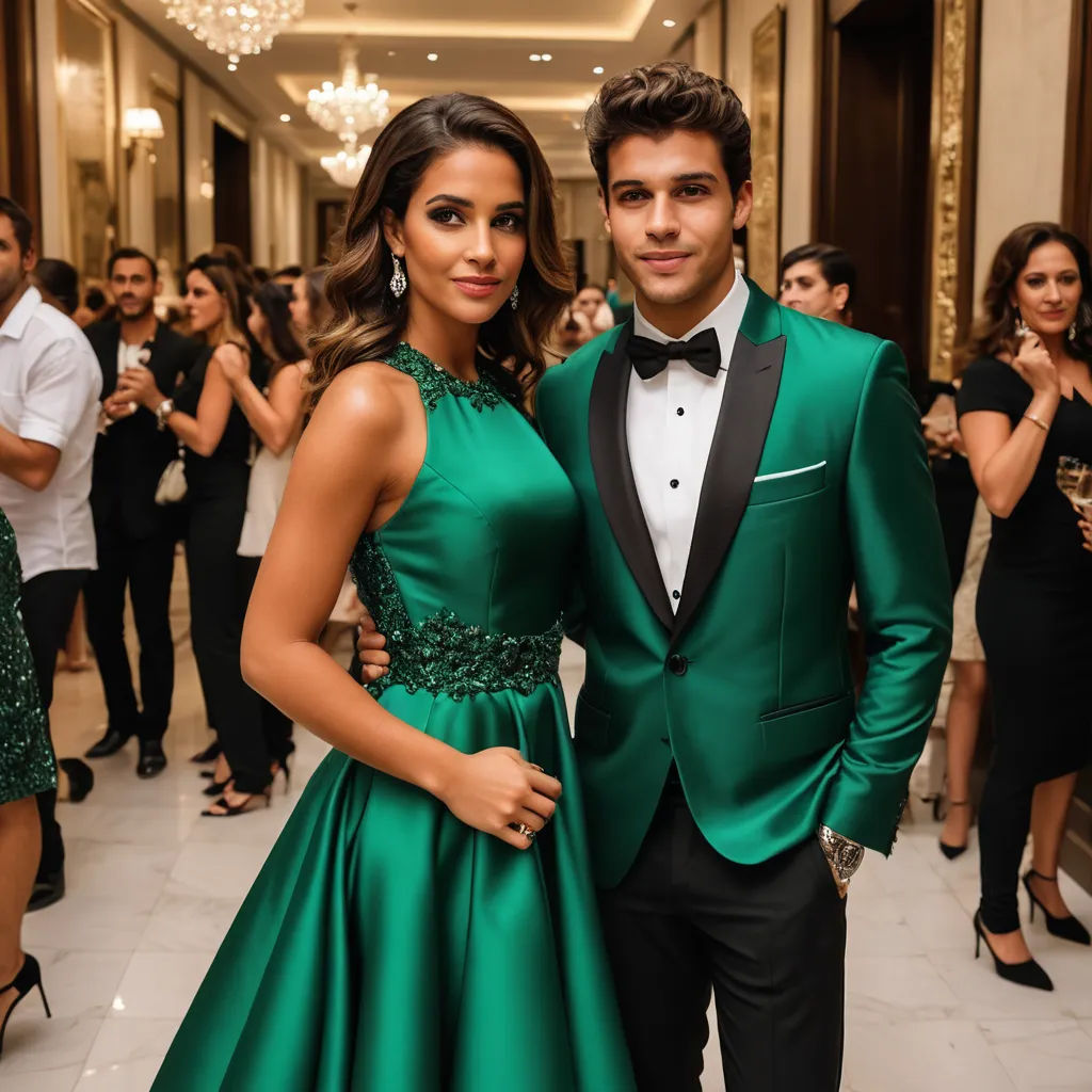 a man and a woman in formal wear posing for a picture in a ballroom with other people in the background, rococo, a picture, Alexis Grimou, green
