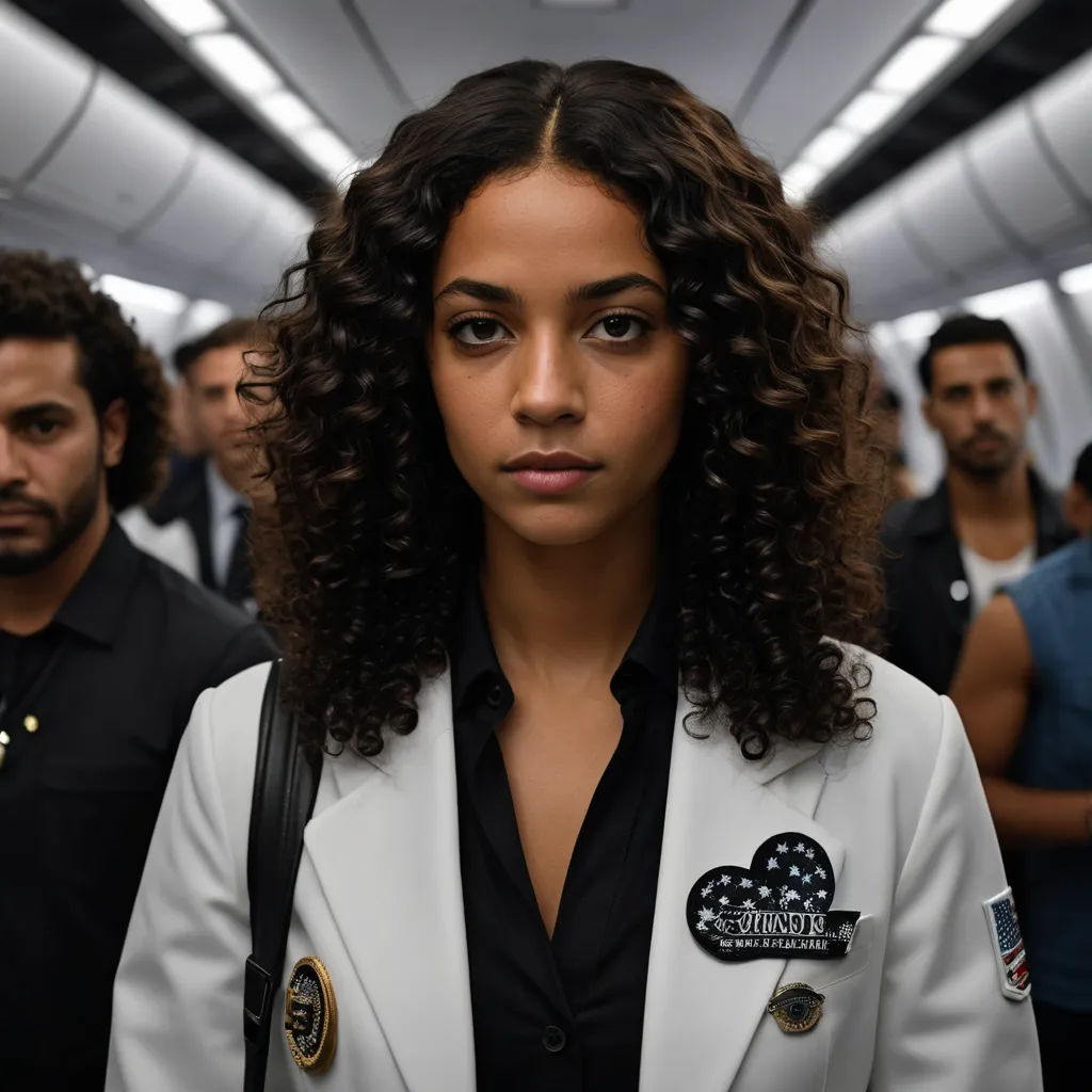 a woman with curly hair wearing a white jacket and black shirt and a group of people in the background, afrofuturism, a character portrait, Felix-Kelly, promotional image