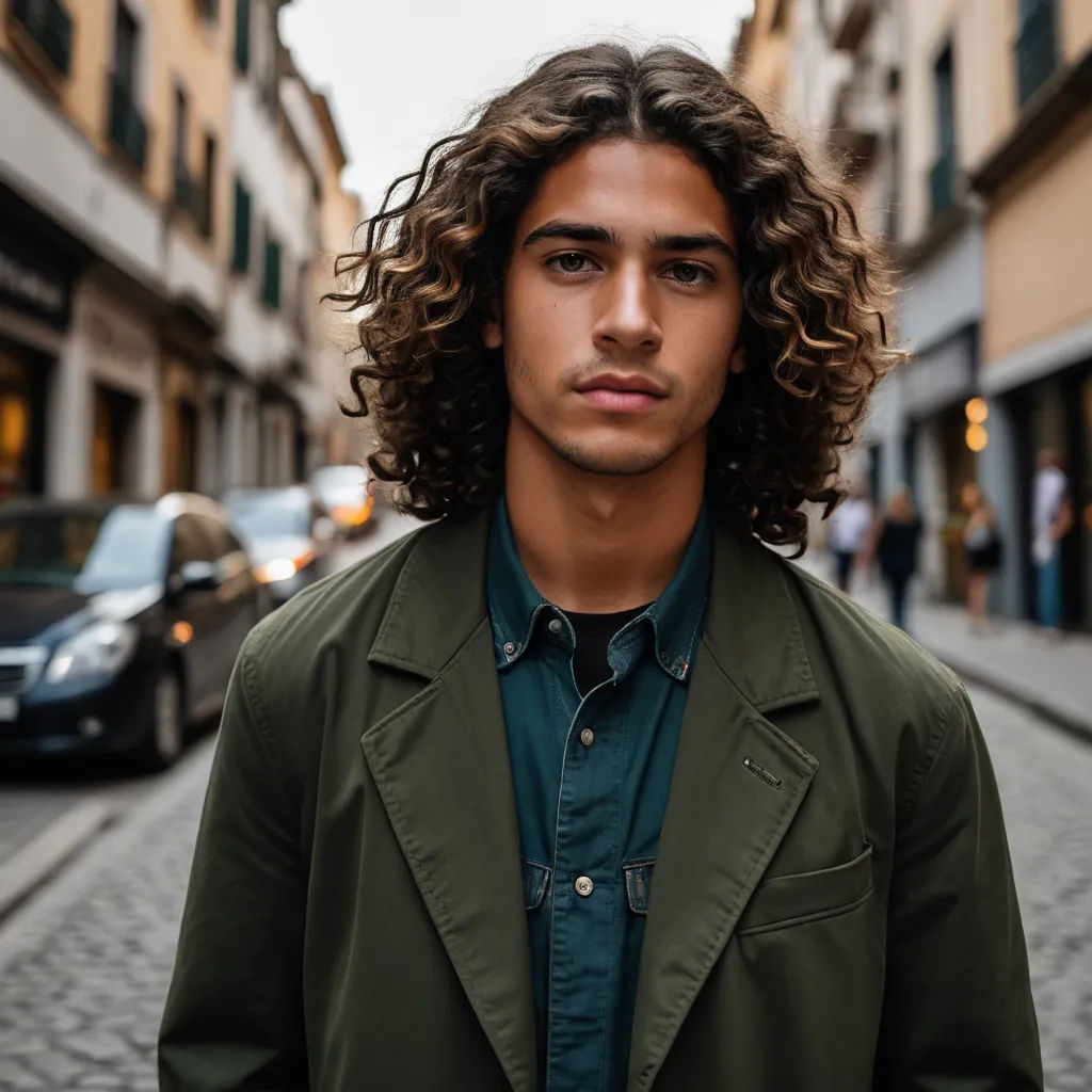 a man with long curly hair standing in a street with cars parked on the side of the road and buildings, mannerism, a portrait, Anthony Angarola, kai carpenter