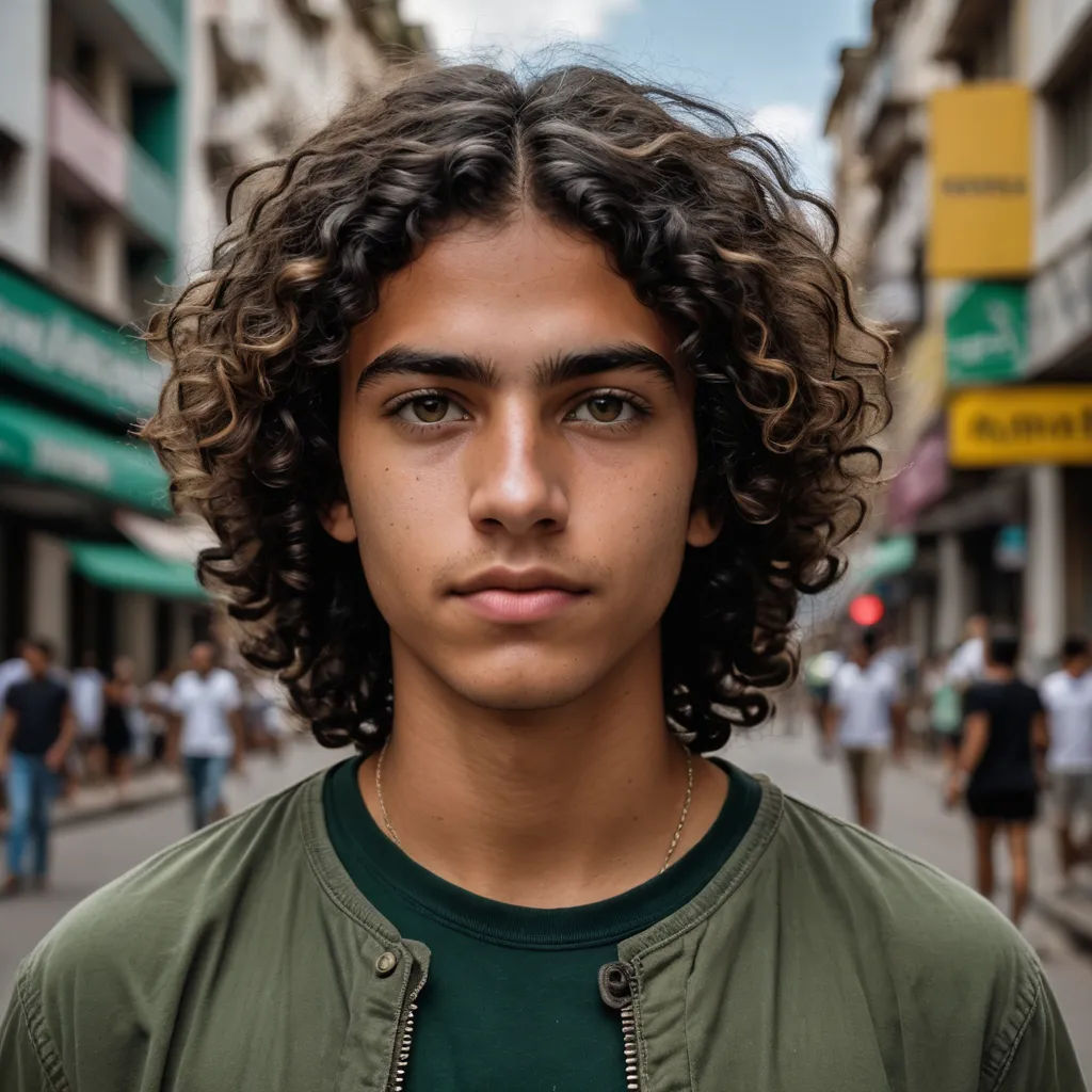a man with curly hair standing in the middle of a street with people walking around him and a green jacket on, photorealism, a character portrait, André Castro, portrait photography