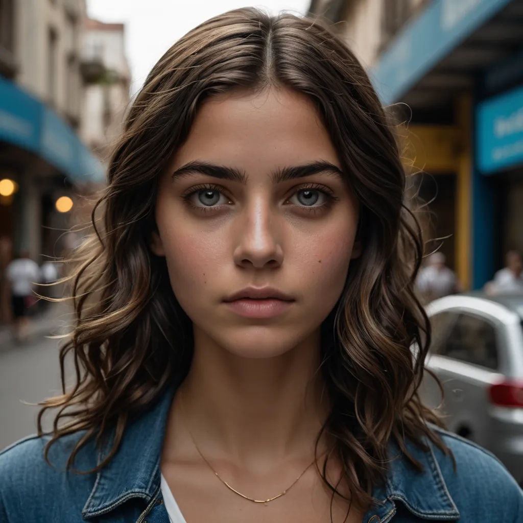 a woman with long hair and a denim jacket on a street corner with cars parked on the side of the road, hyperrealism, a portrait, Elena Guro, perfect face