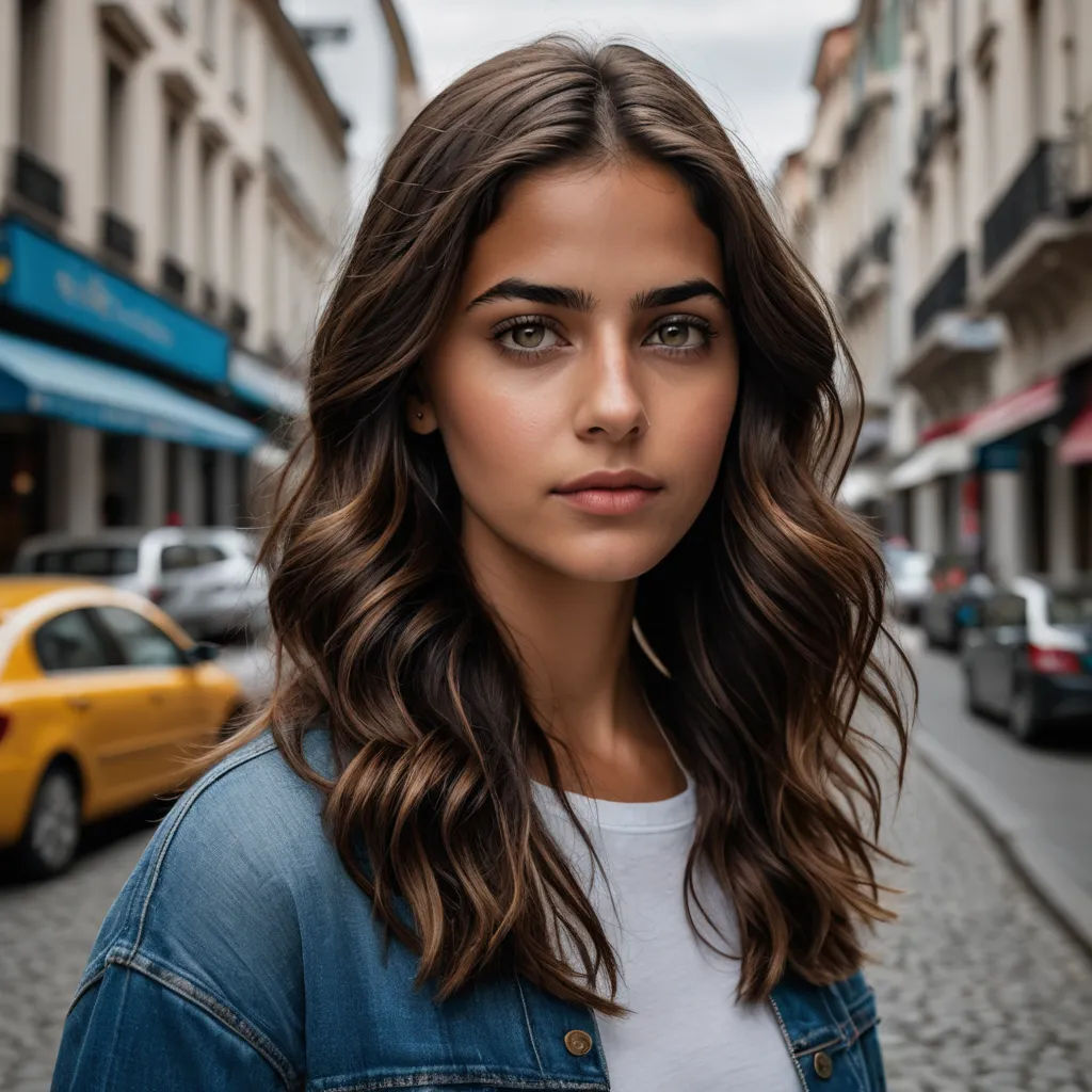 a woman standing on a street with a taxi cab in the background and a yellow cab in the foreground, barbizon school, a portrait, Daphne Fedarb, portrait photography