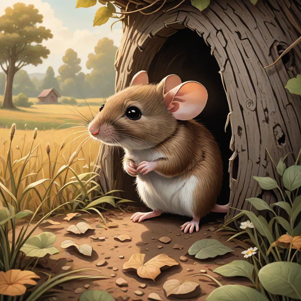 a mouse sitting in a hole in the ground next to a tree trunk and grass and leaves on the ground, fantasy art, a storybook illustration, Chris LaBrooy, storybook illustration