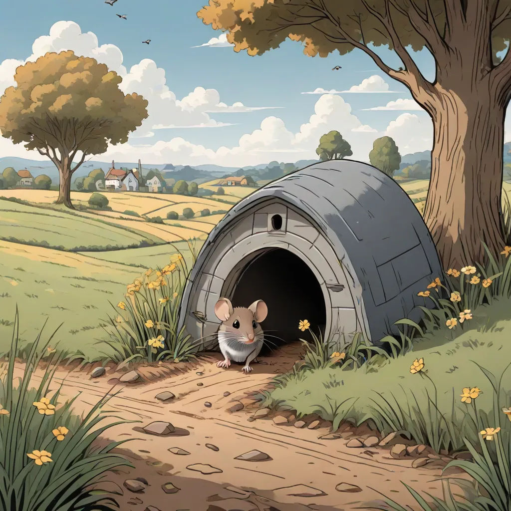 a mouse is standing in a tunnel in the grass near a tree and a field with yellow flowers and a house, fantasy art, a storybook illustration, Chris LaBrooy, storybook illustration