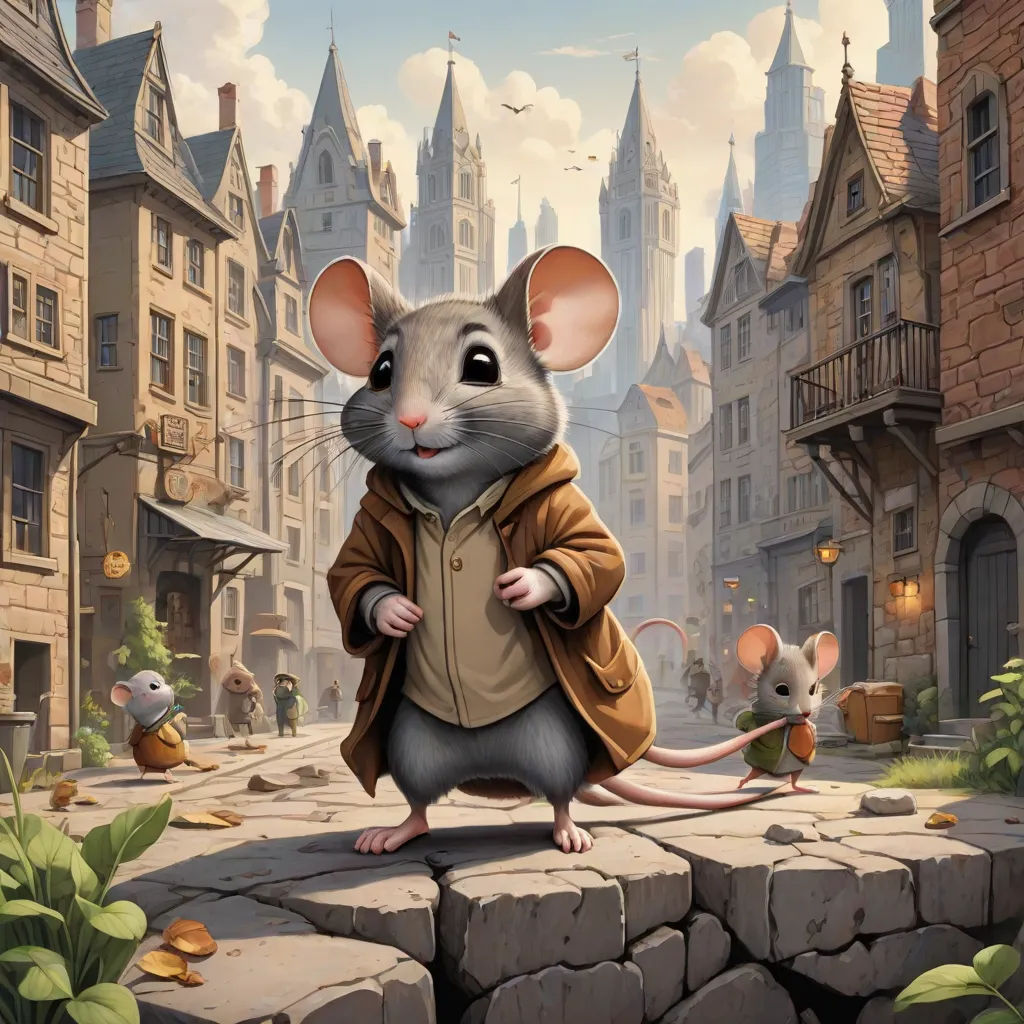 a mouse in a brown jacket standing on a rock in front of a cityscape with a mouse in the foreground, fantasy art, a storybook illustration, Chris LaBrooy, kinkade
