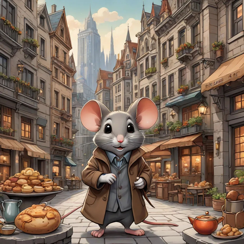 a cartoon mouse in a coat and tie standing in a street with a cityscape in the background, furry art, a storybook illustration, Chris LaBrooy, kinkade