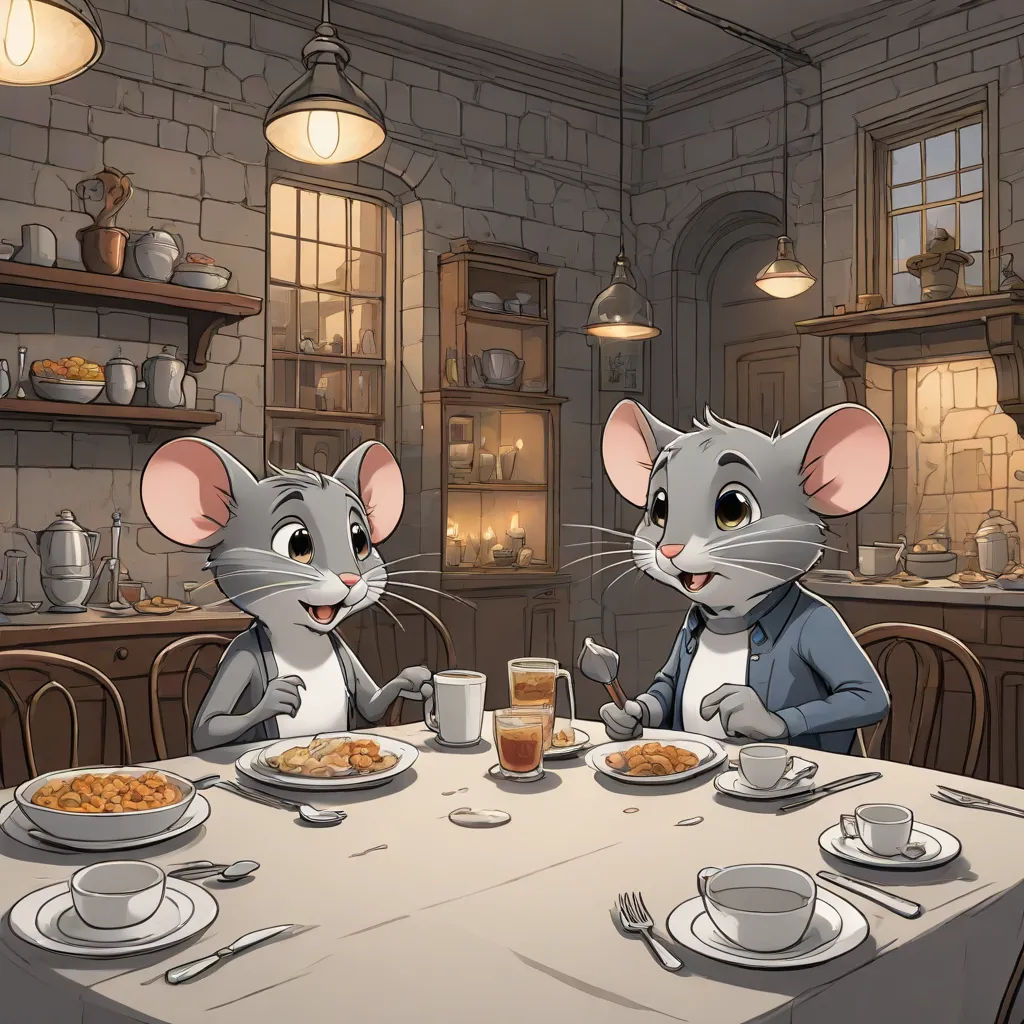 two mice sitting at a table eating food and drinking coffee and tea together, with a kitchen in the background, sots art, a storybook illustration, Art Spiegelman, promotional image