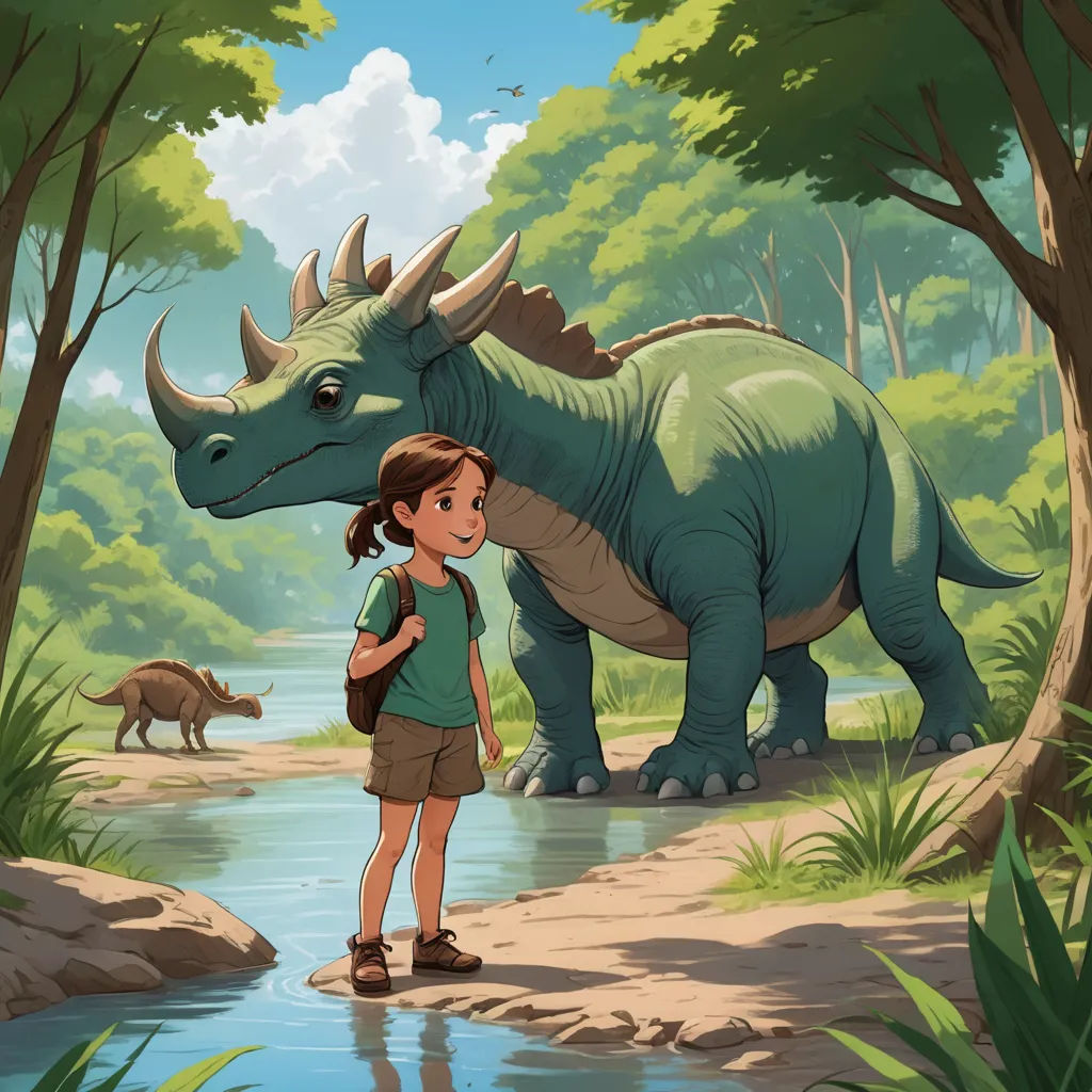 a girl standing in front of a dinosaur in a forest with other dinosaurs in the background and a girl looking at the dinosaur, environmental art, a storybook illustration, Diego Gisbert Llorens, rossdraws global illumination