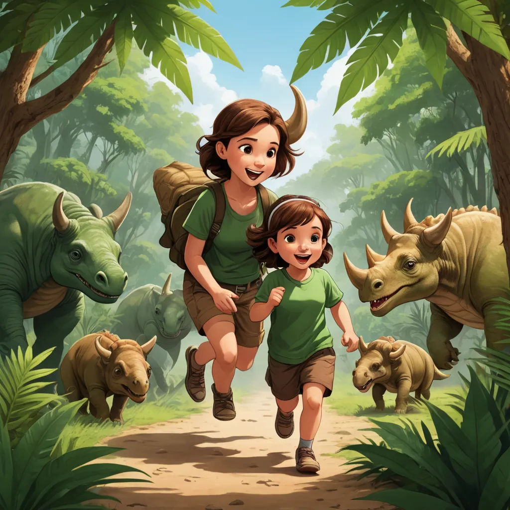 a girl and boy are running through the jungle with dinosaurs behind them and a dinosaur in the background with a girl on her back, primitivism, a storybook illustration, Diego Gisbert Llorens, rossdraws global illumination