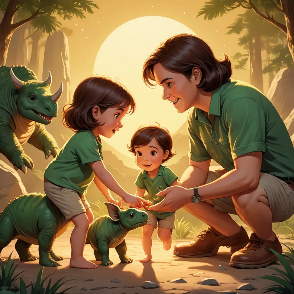 a woman and two children petting a small dinosaur in a forest with a sun in the background and a dinosaur in the foreground, fantasy art, a storybook illustration, Clint Cearley, rossdraws global illumination