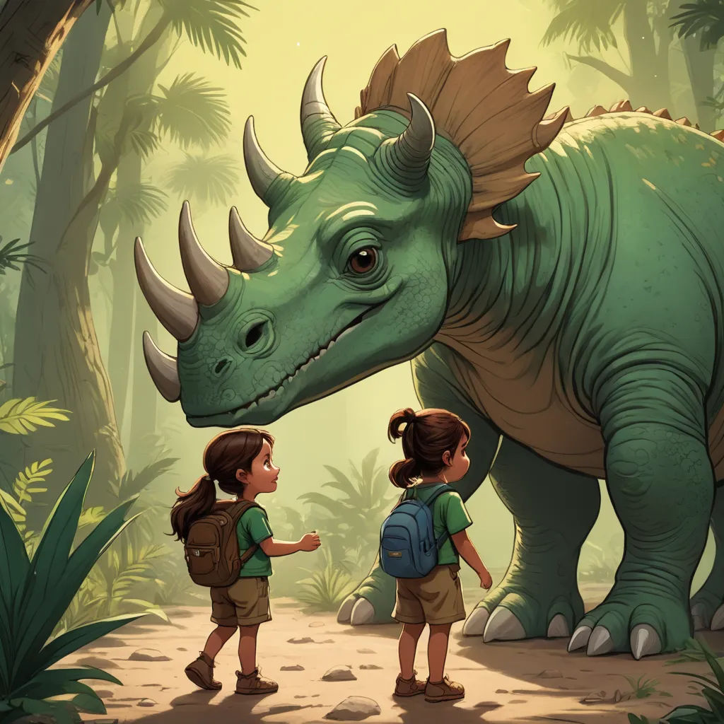 a couple of kids standing next to a dinosaur in a forest with a backpack on their shoulders and a dinosaur on their back, process art, a storybook illustration, Adam Rex, storybook illustration