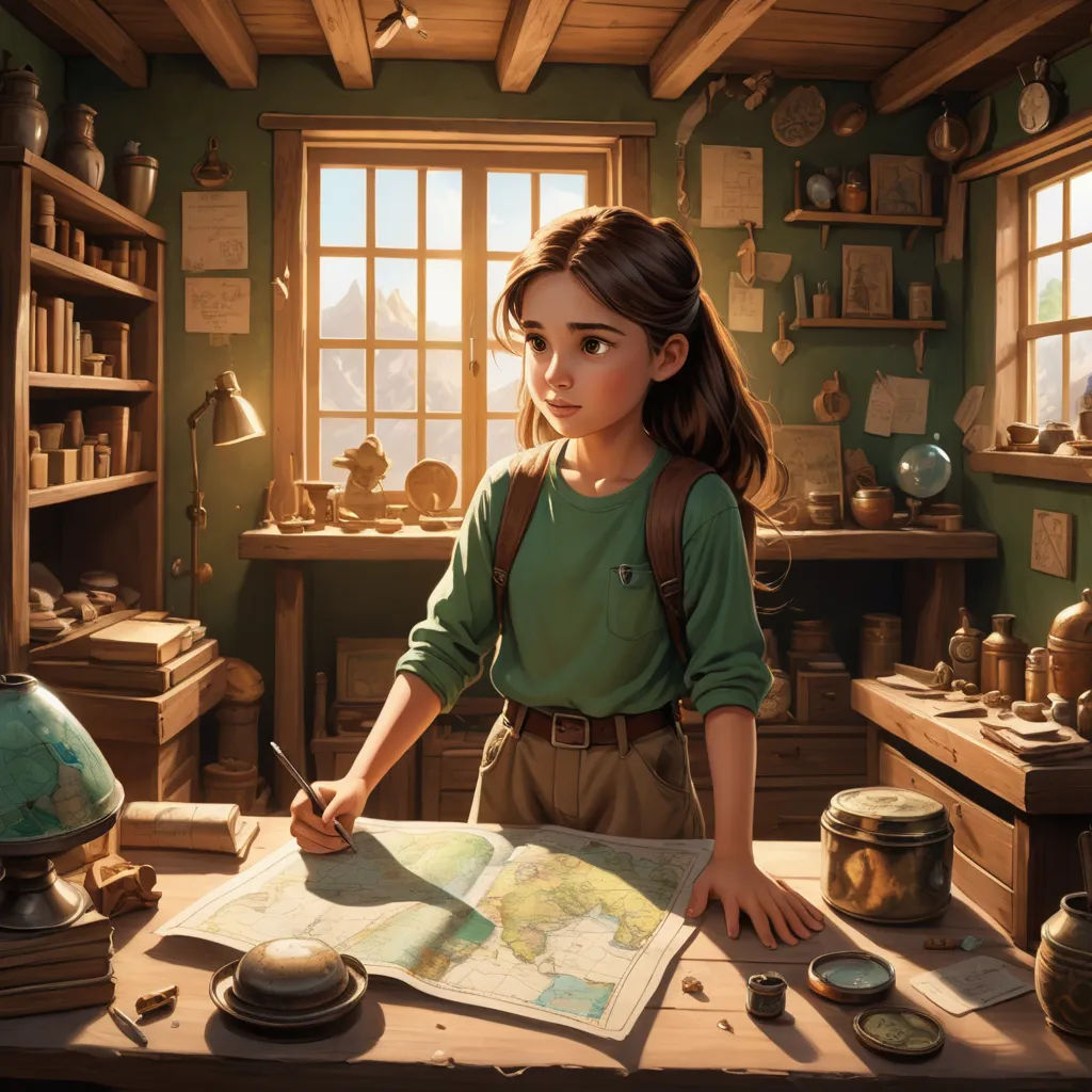 a girl is looking at a map in a room with a window and a lamp on the table and a lamp on the table, fantasy art, a detailed matte painting, Alejandro Burdisio, rossdraws global illumination