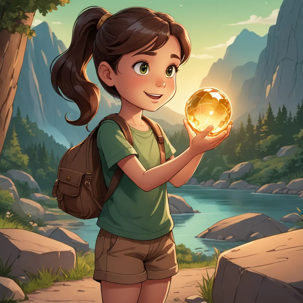 a girl holding a golden orb in her hand near a river and mountains with a forest in the background, environmental art, a storybook illustration, Cyril Rolando, promotional image