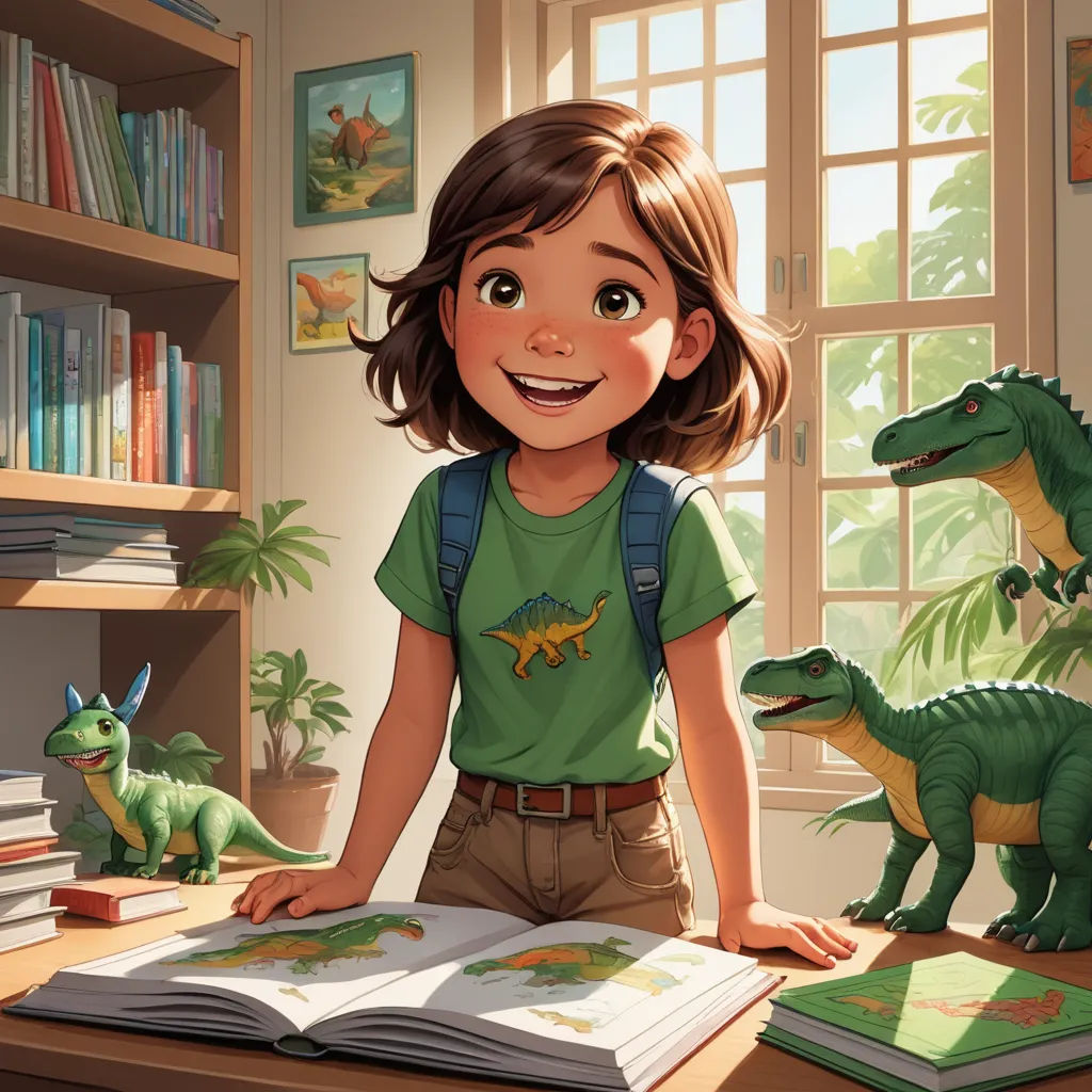 a girl is standing in front of a book and a dinosaur statue in a room with a window and bookshelves, photorealism, a storybook illustration, Abidin Dino, rossdraws global illumination