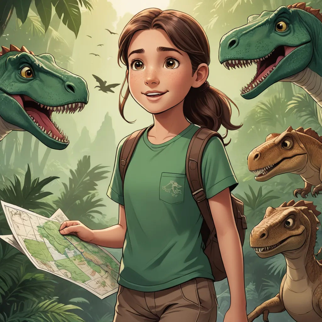 a girl standing in front of a group of dinosaurs with a map in her hand and a map in her hand, process art, a storybook illustration, Adam Rex, comic cover art