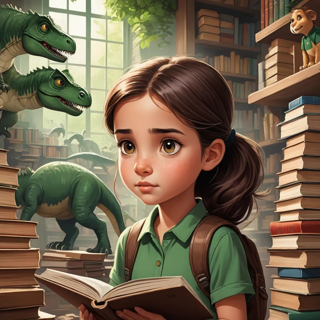 a girl reading a book in a library with dinosaurs in the background and a dinosaur statue on the wall, fantasy art, a storybook illustration, Chris LaBrooy, storybook illustration