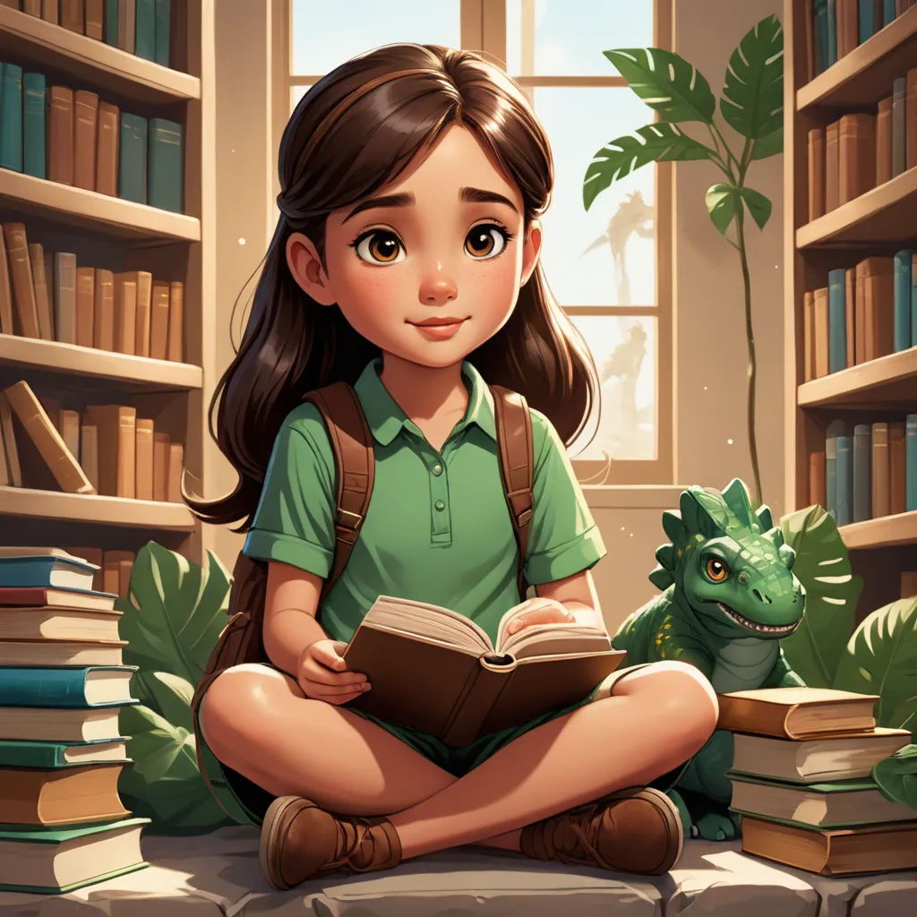 a girl sitting on the floor reading a book in a library with a dragon nearby and a bookcase full of books, fantasy art, a storybook illustration, Diego Gisbert Llorens, storybook illustration