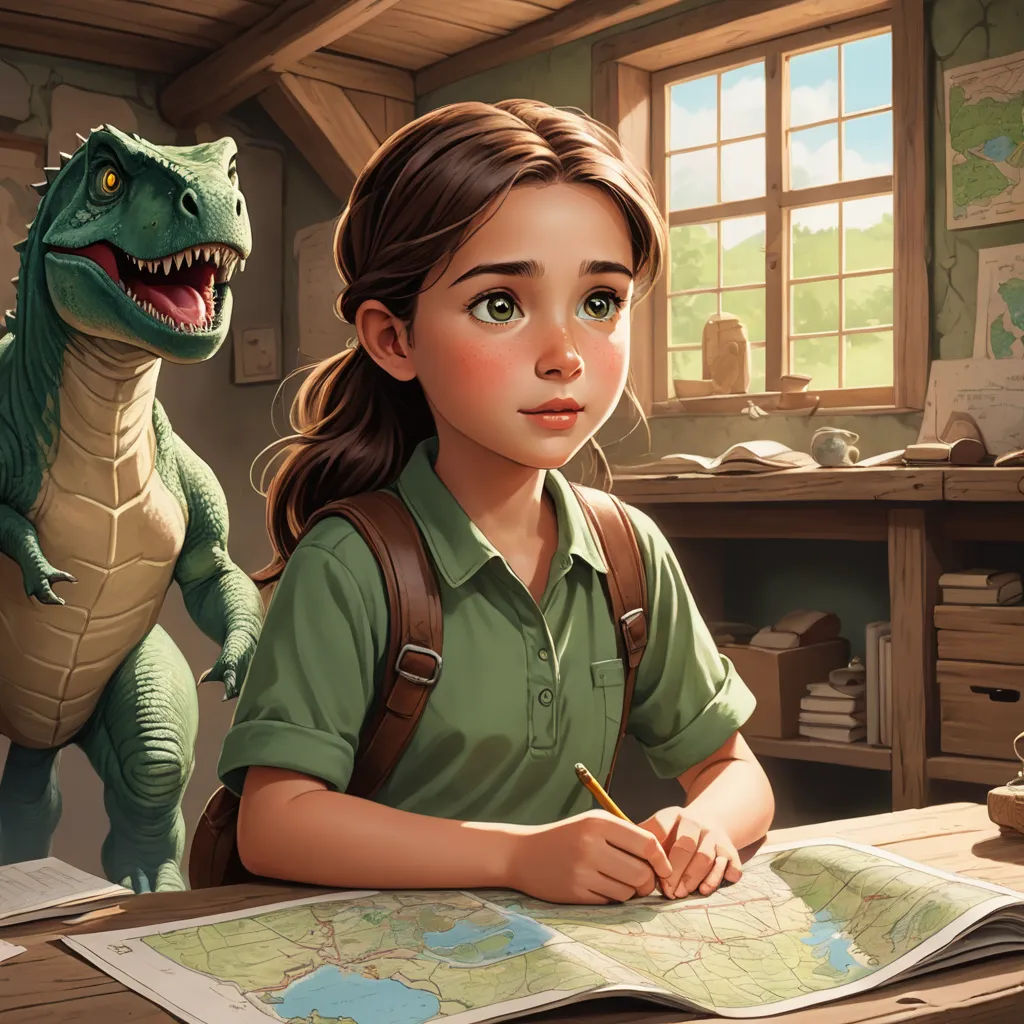 a girl is sitting at a desk with a dinosaur and a map in front of her and a dinosaur, fantasy art, a storybook illustration, Chris LaBrooy, trending on art station