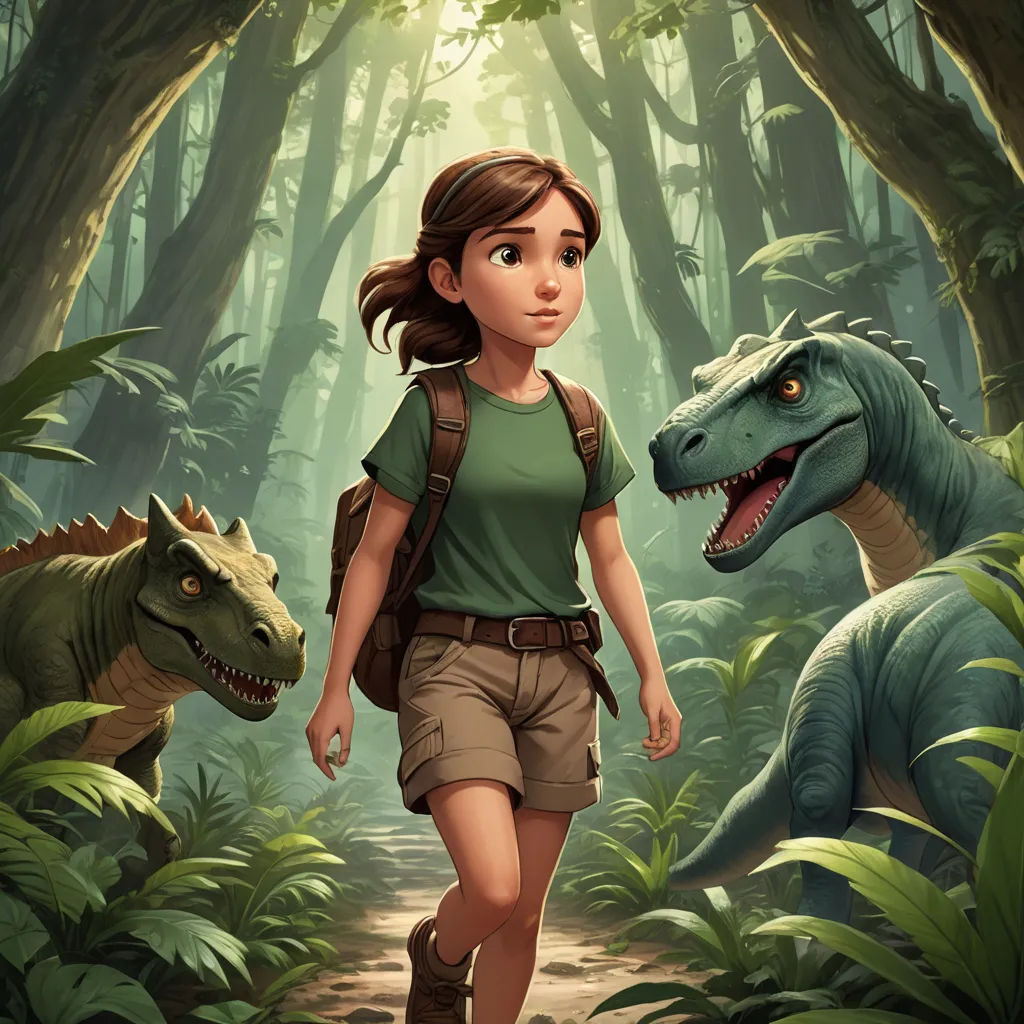 a girl is walking in the woods with a dinosaur behind her and a dinosaur behind her, with a backpack on, sots art, concept art, Adam Rex, key art