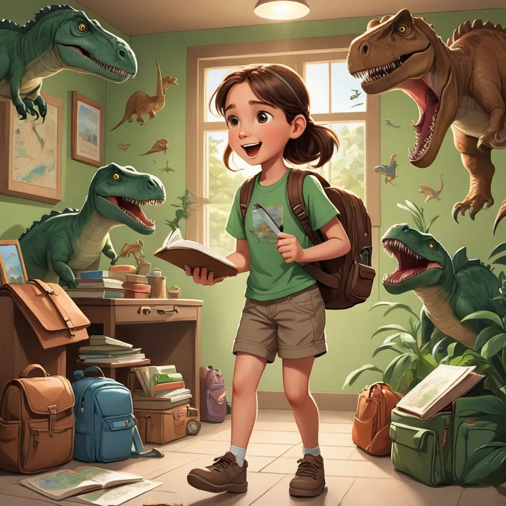 a girl is reading a book in a dinosaur themed room with dinosaurs and a dinosaur statue behind her and a dinosaur on the wall, fantasy art, a storybook illustration, Adam Rex, rossdraws global illumination