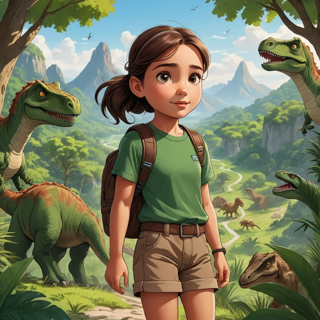 a girl in a green shirt and a backpack standing in front of a dinosaur and a forest with trees, fantasy art, a storybook illustration, Adam Rex, rossdraws global illumination